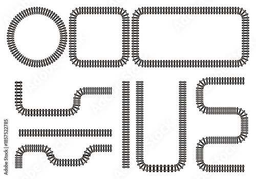 Conjunto de tramos de vías de tren con diferentes formas geométricas y recorridos curvos