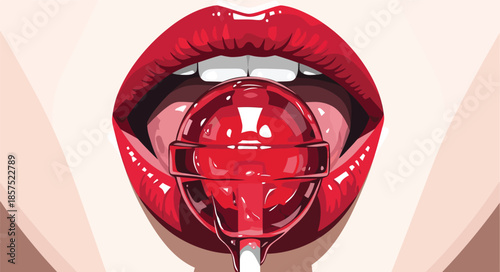Glossy red lips sucking a red lollipop vector illustration. Pop art style close up of woman mouth eating sweet candy. Sexy female lips with lipstick tasting sugar sucker.