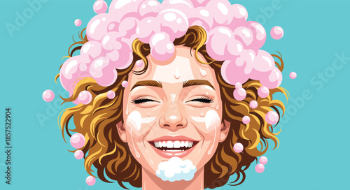 Happy woman washing face with soap foam and pink shampoo bubbles. Vector illustration of a girl enjoying skincare routine. Beauty, hygiene, and spa concept with fresh bubbles.