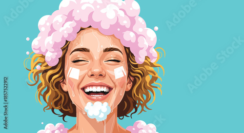 Happy woman washing face with soap foam and shampoo bubbles. Vector illustration of a girl enjoying skincare routine. Beauty, hygiene, and spa concept with fresh bubbles.