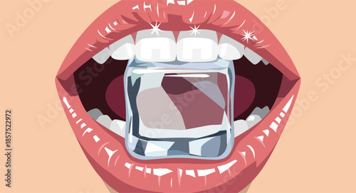 Close up of woman mouth biting a cold ice cube. Vector illustration of sexy glossy lips holding a frozen ice block between white teeth. Refreshing summer and beauty concept.