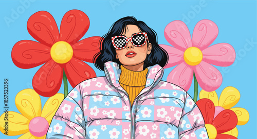 White combat boot with blooming wildflowers. Vector fashion illustration of trendy leg in green sweatpants and floral arrangement inside shoe on pink background.