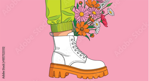 White chunky boot with floral bouquet. Vector fashion illustration of leg in green sweatpants with blooming spring flowers on pink background.