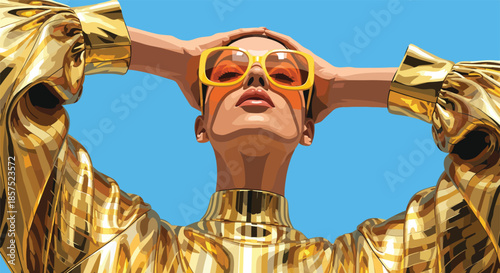 Fashion woman in shiny golden top and oversized sunglasses. Vector illustration of glamorous model posing against blue background.