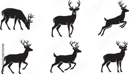 Black Deer and Stag Silhouette Collection Featuring Graceful Movements Like Leaping, Running, and Grazing for Forest Wildlife and Hunting Club Logo Designs , Generative Ai