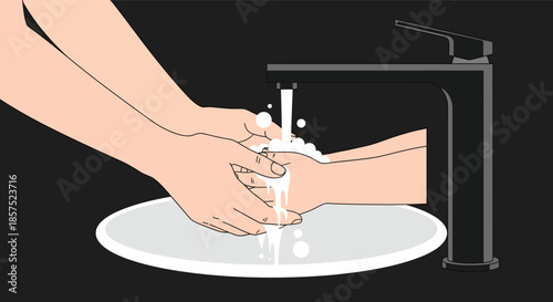 Parent washing child hands under water tap. Vector illustration of hygiene care, family cleanliness, and health protection concept.