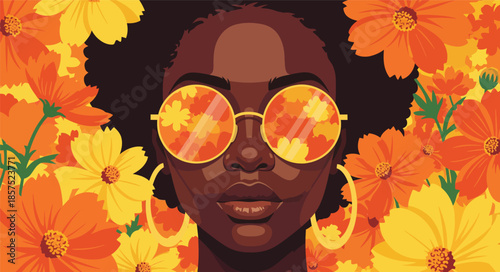 Portrait of stylish Black woman with floral sunglasses reflection. Vector fashion illustration of girl with afro hair surrounded by orange cosmos flowers.