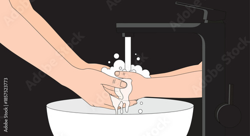 Parent washing child hands under water tap. Vector illustration of hygiene care, family cleanliness, and health protection concept.