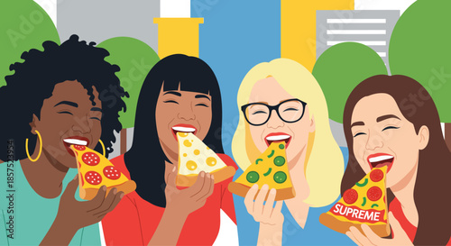 Happy diverse group of women friends eating pizza. Multiracial female best friends laughing and enjoying lunch in a city park. Flat vector illustration design template.