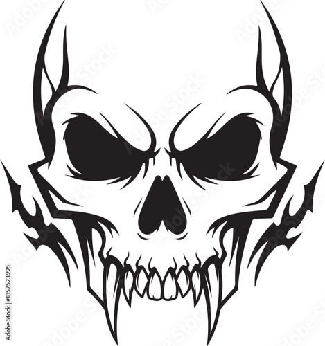 Fierce devil skull with sharp teeth and horns on white background, perfect for designs needing an edgy, bold statement