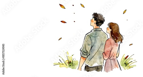 秋の空を舞う落ち葉を眺める仲睦まじい男女の水彩イラスト