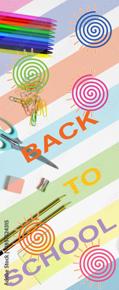 Fototapeta premium Zenith view. School supplies, various accessories in full color, back to school. In vertical. 