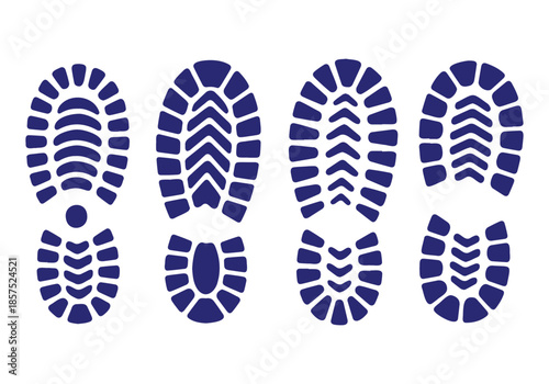 Four distinct blue shoe print impressions with textured soles on a clean white background