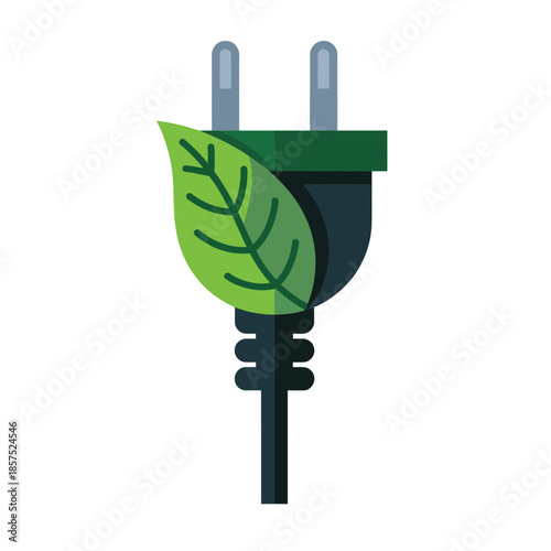 Green energy concept illustration with an electric plug and a vibrant green leaf