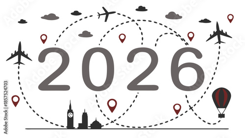  2026 world travel concept with airplanes flight paths and city skyline