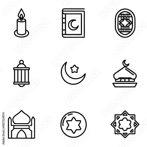 Collection of black line art icons representing essential symbols for islamic holidays and religious observance