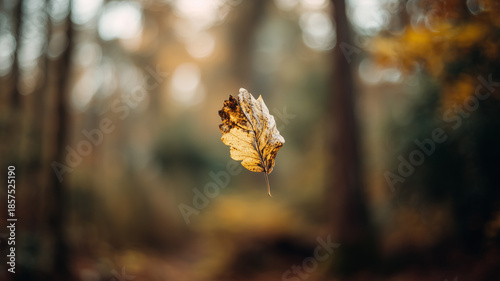 A single leaf floating in the air captured mid flight with a blurred forest background creating an autumnal atmosphere. Ai generated