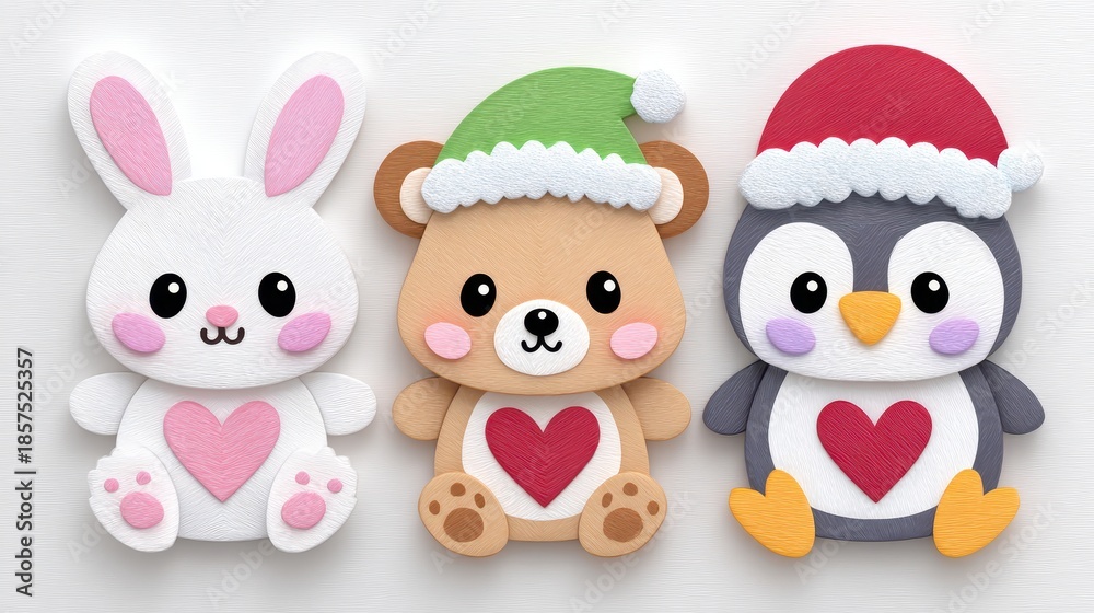 Obraz premium Cute Christmas Bunny Bear And Penguin With Hearts On White Textured Background