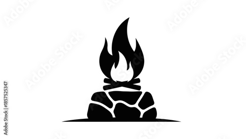 Simple black and white icon of a campfire with logs and stones.