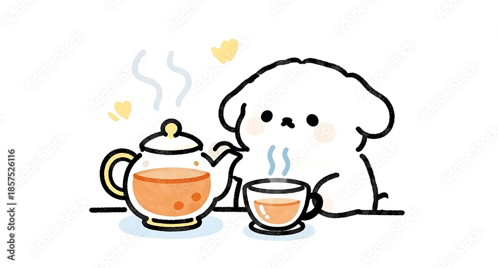 Obraz premium 温かい紅茶を淹れてティータイムを楽しむ犬のイラスト
