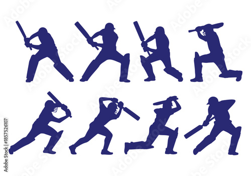 Dynamic collection of cricket batsman silhouettes demonstrating various batting stances and actions