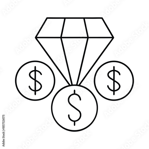 Black line art icon representing valuable assets like diamonds and currency symbolizing wealth accumulation and investment growth