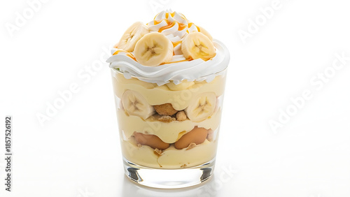 banana pudding with whipped cream in a glass cup transparent background
