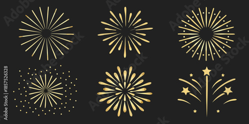 Golden fireworks displays and glittering starbursts on a dark background