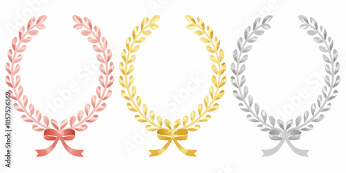 A collection of gold silver and bronze laurel wreaths with ribbons