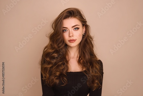 Beautiful woman with long brown wavy hair, luxurious healthy hairstyle, black dress, soft lighting highlighting natural skin tone on beige background for beauty and fashion portrait.