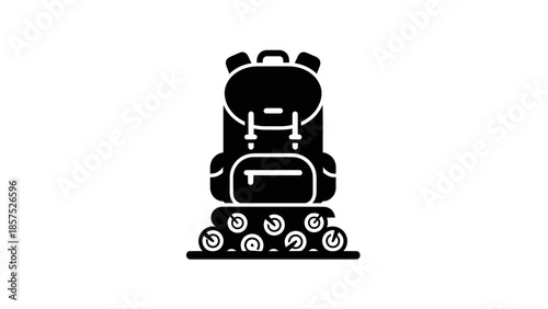Black Silhouette of a Backpack on Stacked Logs.