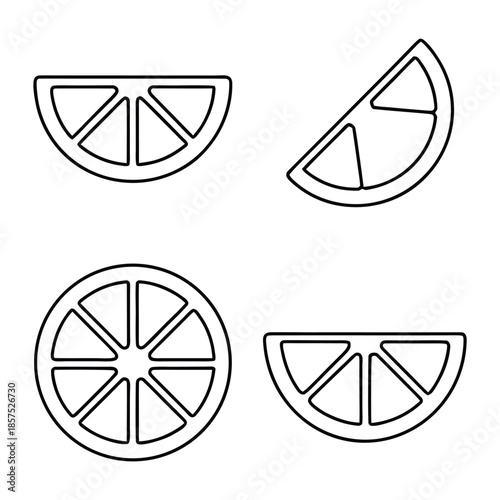 Collection of four simple black outline icons depicting various citrus fruit slices for healthy eating designs