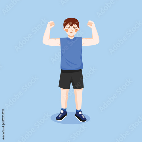 A flat illustration of a boy flexing his muscles, representing fitness motivation, strength, and a healthy active lifestyle.