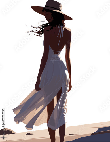 Create a realistic Backlit young woman in a white beach dress and wearing a hat standing vector art with white background.
