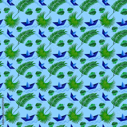 Palm leaves, waves, and a paper boat 