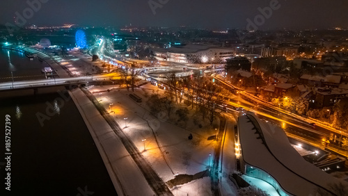 Aerial view of Krakow city streets at night in winter