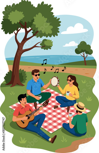 Create a realistic Group of friends having fun at picnic, playing guitar and singing, seen from above vector art with white background.