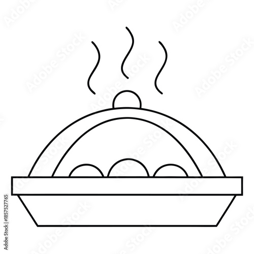 Simple black and white line art icon representing a steaming hot food serving dish with a domed cover