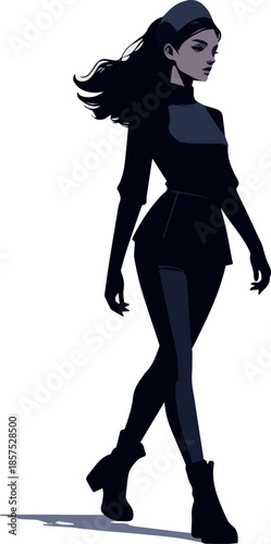 Create a realistic Stylish young woman with a headband walking confidently vector art with white background.