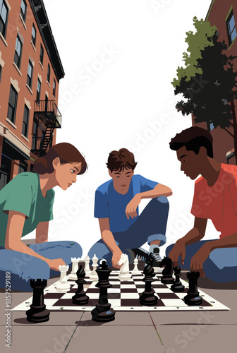 Create a realistic Three young people playing street chess. Low angle view vector art with white background..