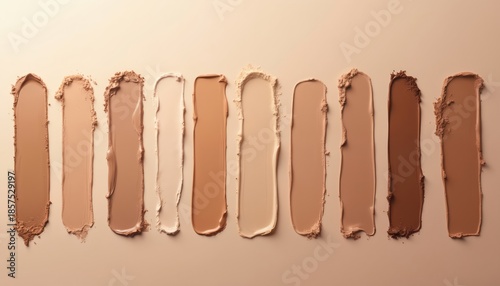 Swatches of foundation makeup in various skin tones. Cream and powder textures blend across nude shades. Beauty product samples show diversity in complexion hues.