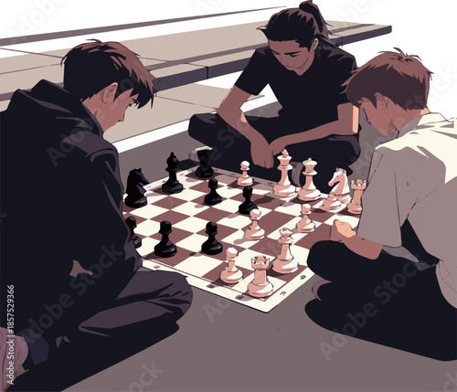 Create a realistic Three young people playing street chess. Low angle view vector art with white background..