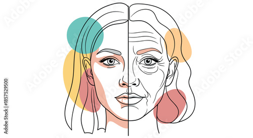 Comparison illustration of a woman face split into young and aging halves with colorful abstract shapes in the background.
