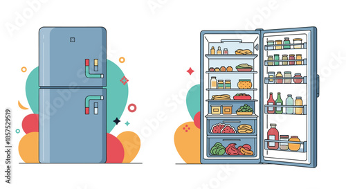 Comparison of a closed blue refrigerator and an open fridge packed with colorful food and drinks on a white background.