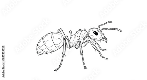 Detailed black and white line art illustration of a worker ant from a side view for nature and biology research projects.