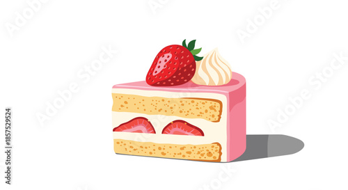 Delicious slice of strawberry layer cake topped with a fresh berry and whipped cream resting on a plain white background.
