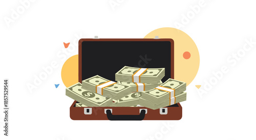Brown briefcase opened to reveal stacks of dollar bills against a background of soft yellow abstract circles.