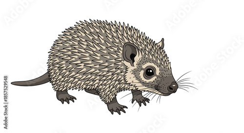 Small spiky brown mammal resembling a tenrec or hedgehog walking forward with detailed spines and large expressive eyes.