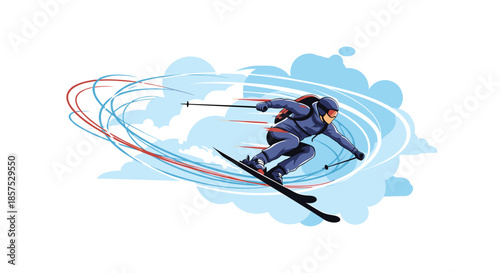 Action illustration of a skier wearing blue gear speed racing through snow with swirling motion lines and clouds.
