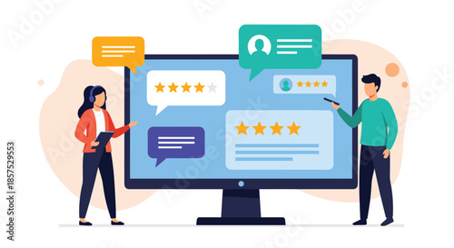 Customer service illustration showing a man and a woman next to a screen displaying feedback ratings and chat bubbles.
